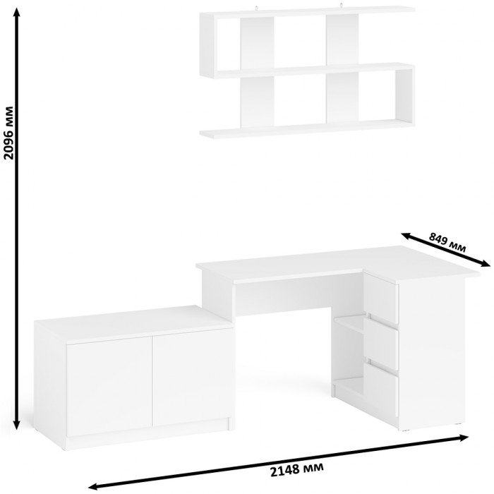 Мори компьютерный стол МС-16 правый + Тумба МА900.1 + Полка 1200, белый