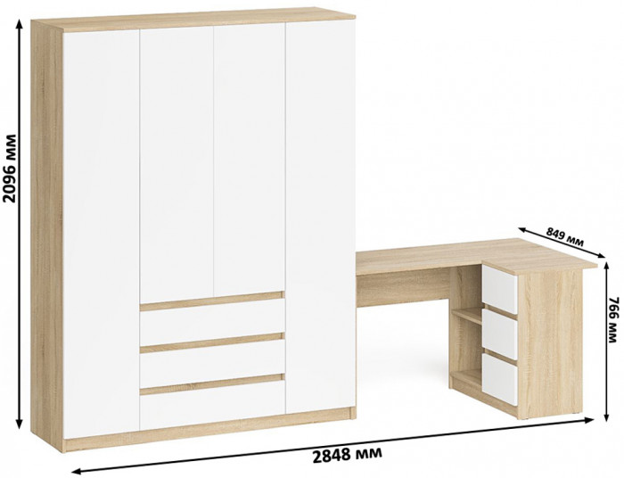 Мори компьютерный стол МС-16 правый + Шкаф МШ1600.1, дуб сонома/белый
