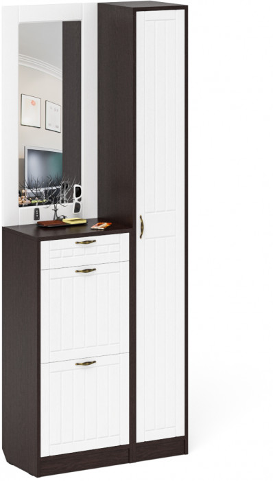 Прихожая П-6 Компоновка № 23, венге/фасады МДФ белое дерево фрезеровка прованс