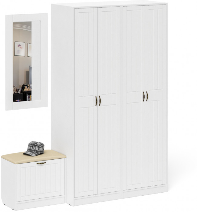 Прихожая П-6 Компоновка № 08, цвет белая шагрень/фасады МДФ белое дерево фрезеровка прованс, ШхГхВ 180х50х210 см., универсальная сборка