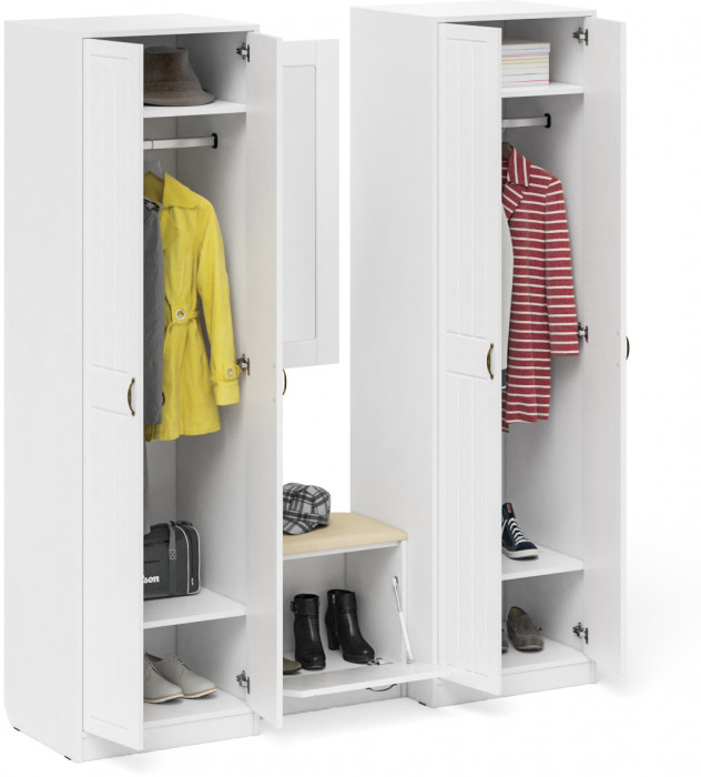 Прихожая П-6 Компоновка № 08, цвет белая шагрень/фасады МДФ белое дерево фрезеровка прованс, ШхГхВ 180х50х210 см., универсальная сборка