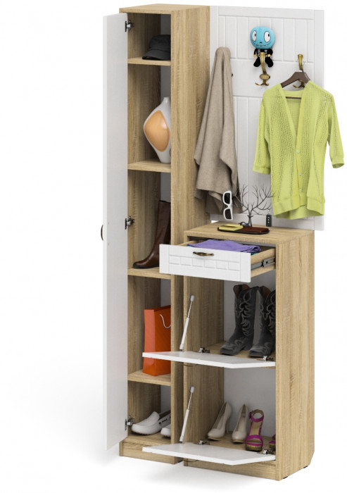 Прихожая П-6 Компоновка № 24, цвет дуб сонома/фасады МДФ белое дерево фрезеровка прованс, ШхГхВ 90х35х210 см., универсальная сборка