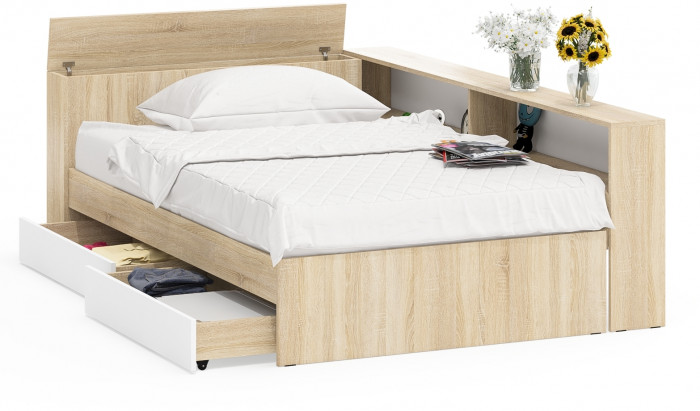 Ксения Кровать с ящиками 1200 + прикроватный блок, дуб сонома/белый