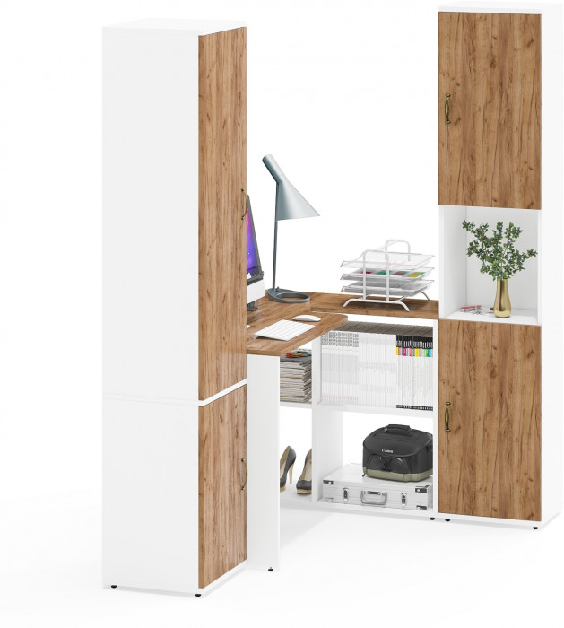 Лидер-8 Пенал МД 21Б + Стол + Пенал, белый шагрень/крафт золото